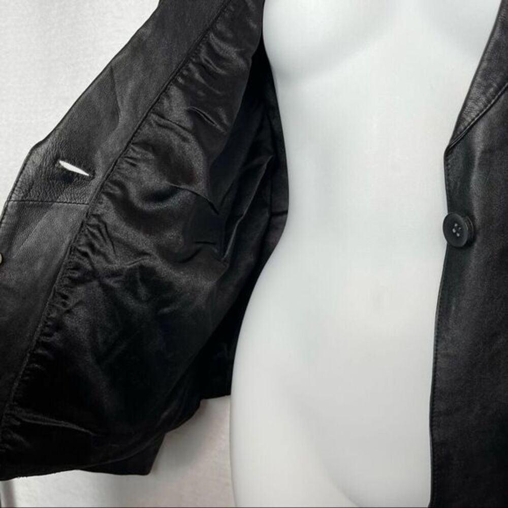 BirryShop‎ Black Genuine Leather Blazer Collar One Button Front Pockets Women’s - Picture 11 of 14